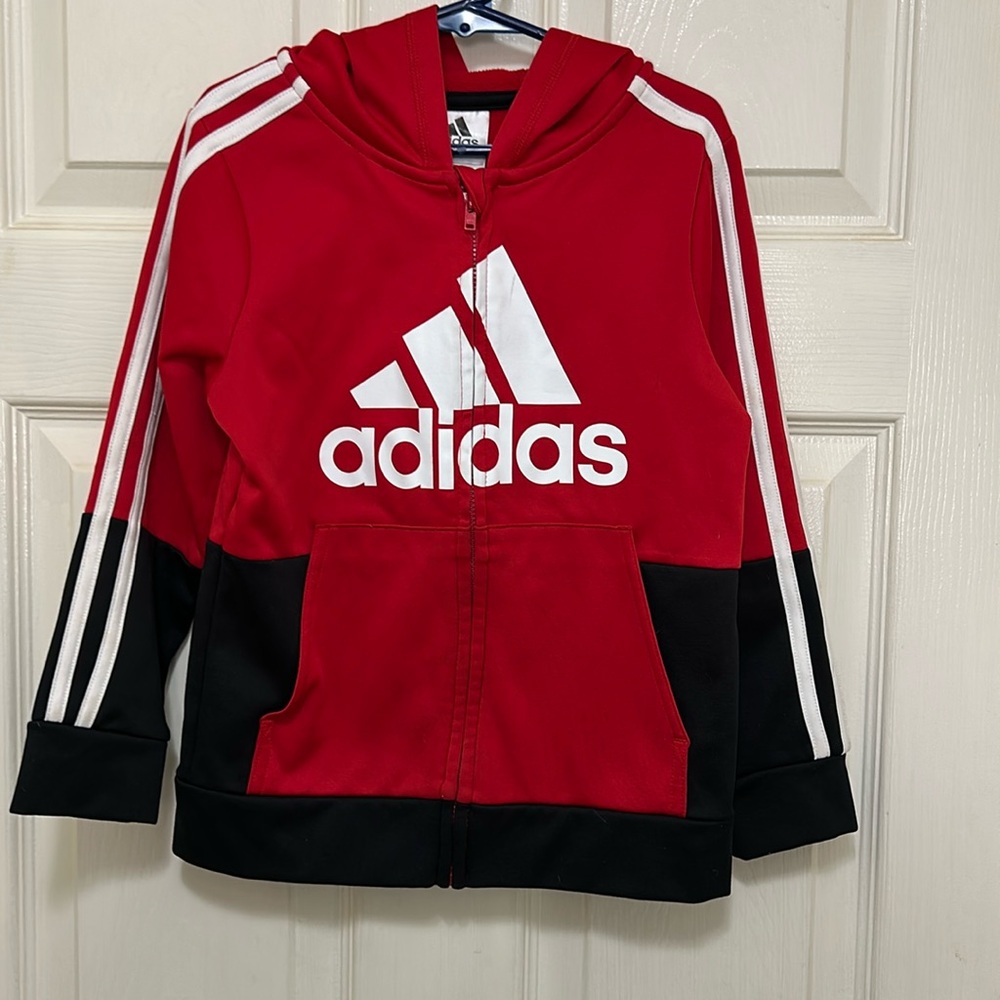 Boys adidas red and black zipper logo hoodie size 6